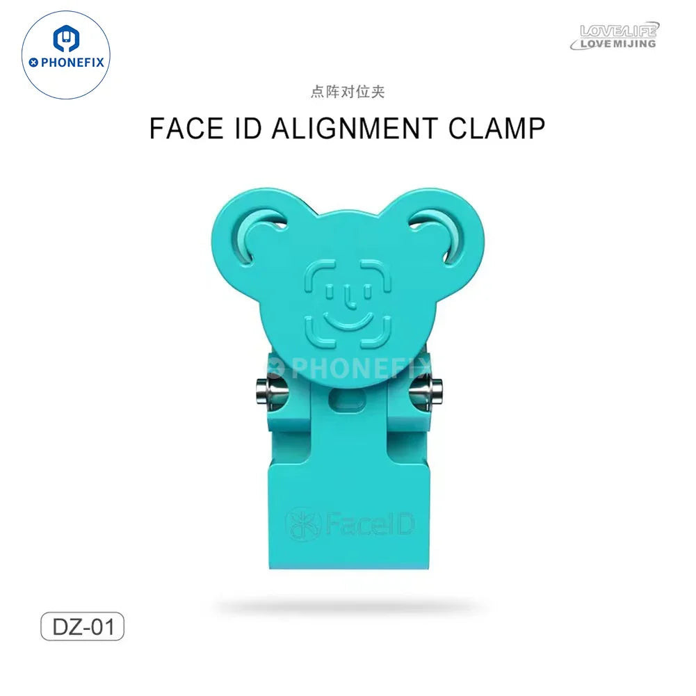PHONEFIX Face ID alignment fixture for iPhone 13-15 Pro Max, a precise repair tool with a clear guide for accurate Face ID sensor alignment.