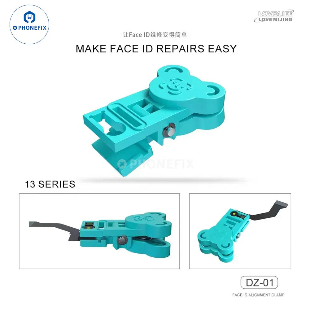 PHONEFIX YCS-F15 DZ-01 Face ID alignment fixture for iPhone 13-15 Pro Max, showing the precise repair tool and fixture components.