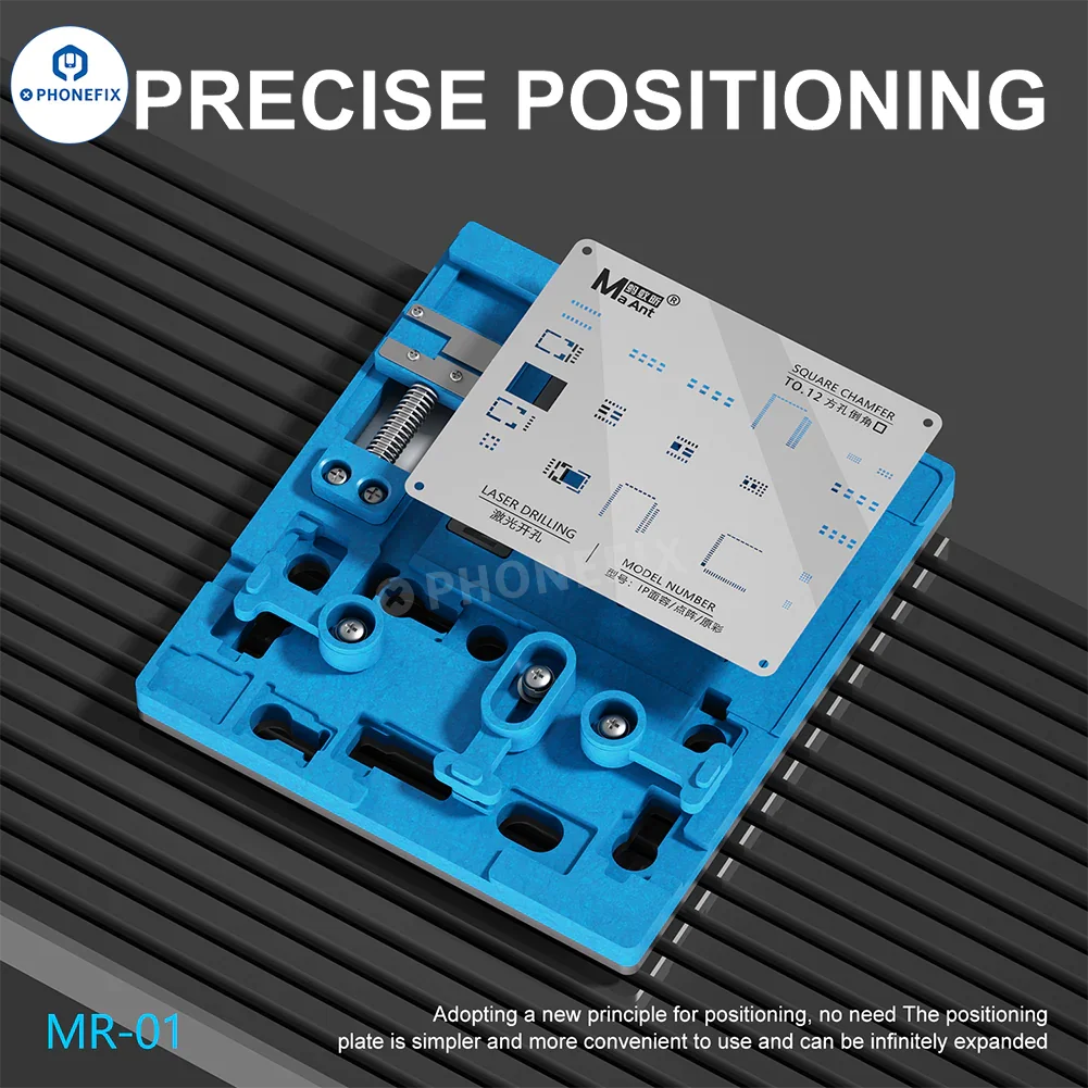 PhoneFix MaAnt MR-01 Face ID repair fixture for iPhone X to Pro Max, showing the lattice repair tool in a professional repair setting.