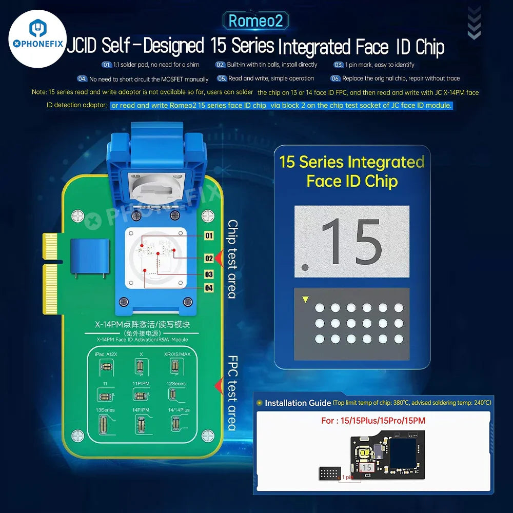 JC Dot Projector Chip for iPhone X-15 Pro Max Face ID repair, integrated IC component by PHONEFIX, shown on circuit board.