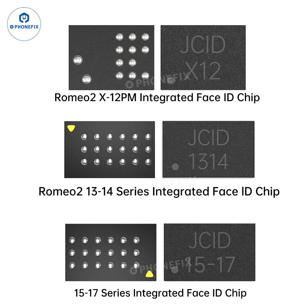 JCID Romeo Face ID Repair Chip for iPhone X-17 Pro Max, PHONEFIX Face ID repair tool with small electronic component on a white background.