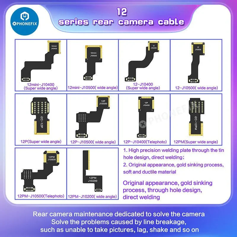 i2C Wide Angle Telephoto Rear Camera Cable for iPhone X to 12 Pro Max, Face ID repair tool by PHONEFIX, showing the camera cable.