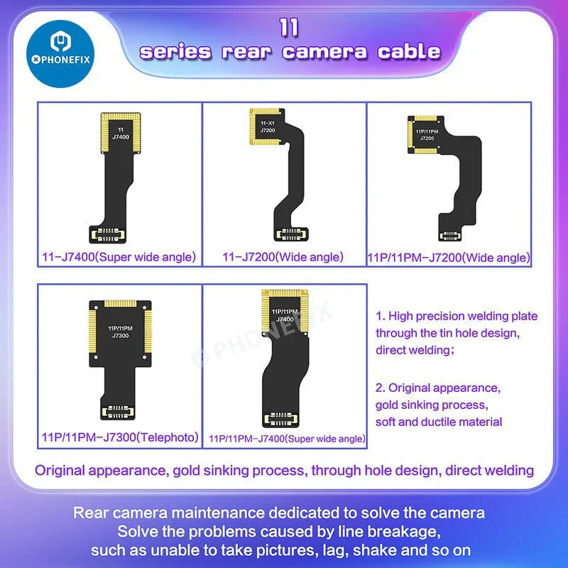 PhoneFix Face ID repair tool with i2C wide-angle telephoto rear camera cable for iPhone X to 12 Pro Max, used for iPhone camera repairs.
