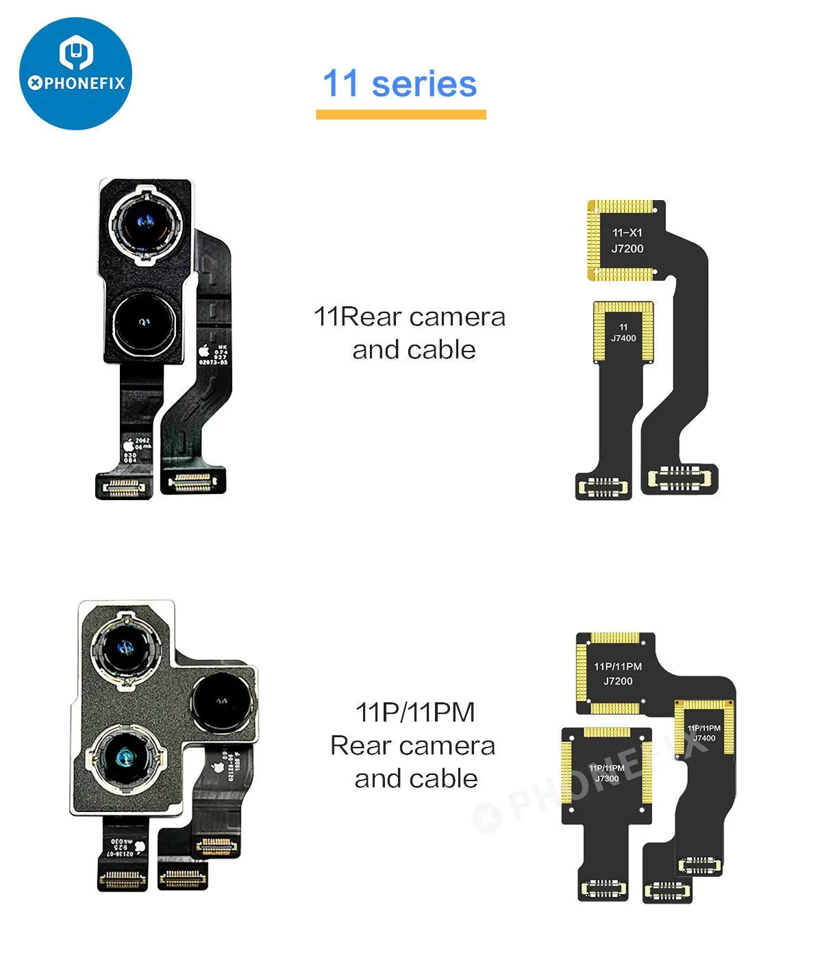 i2C Wide Angle Telephoto Rear Camera Cable for iPhone X-12 Pro Max, Face ID Repair Tool by PHONEFIX, with connector and cable details.