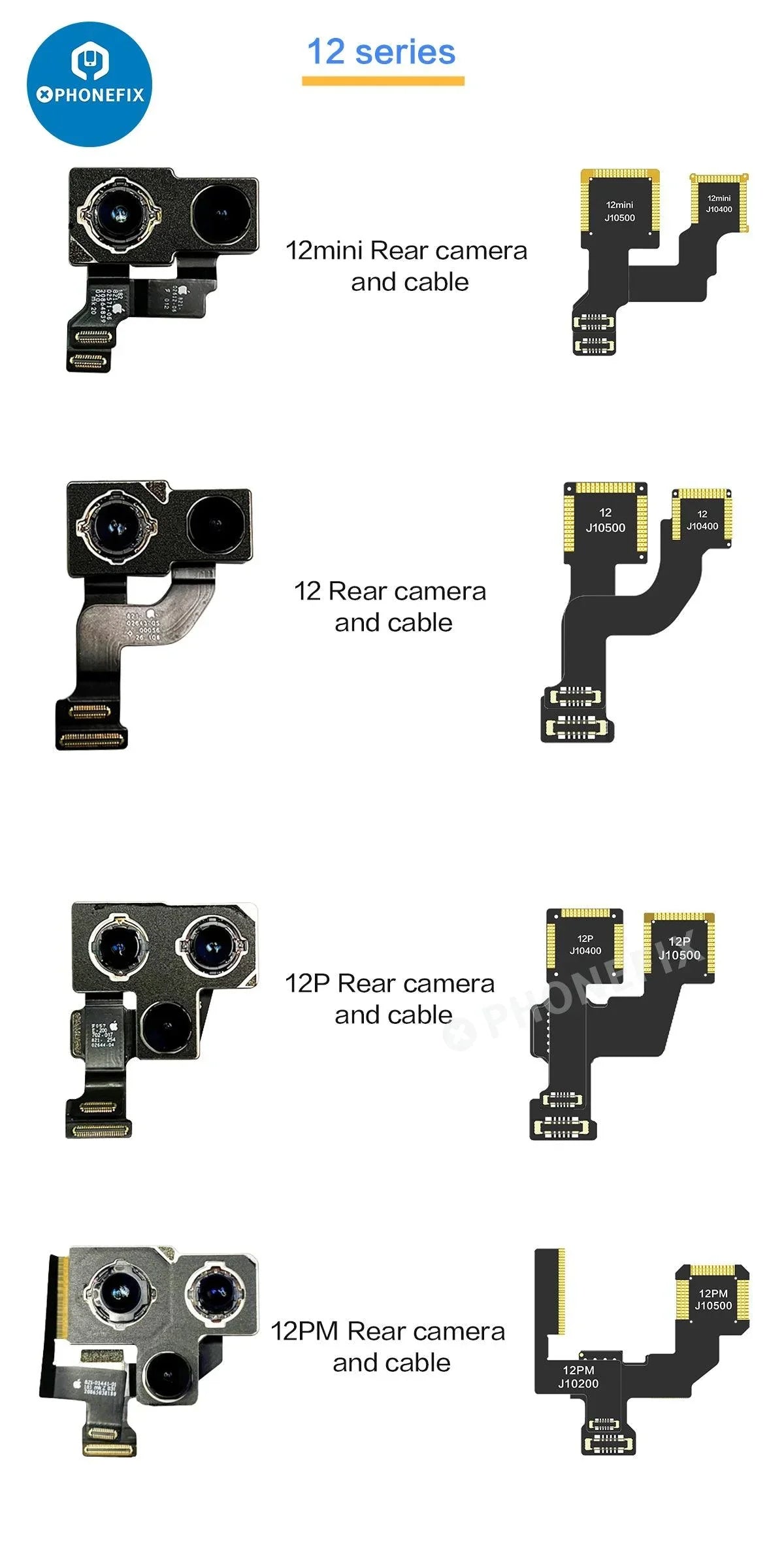i2C Wide Angle Telephoto Rear Camera Cable for iPhone X-12 Pro Max, Face ID repair tool by PHONEFIX, with flexible cable and connectors