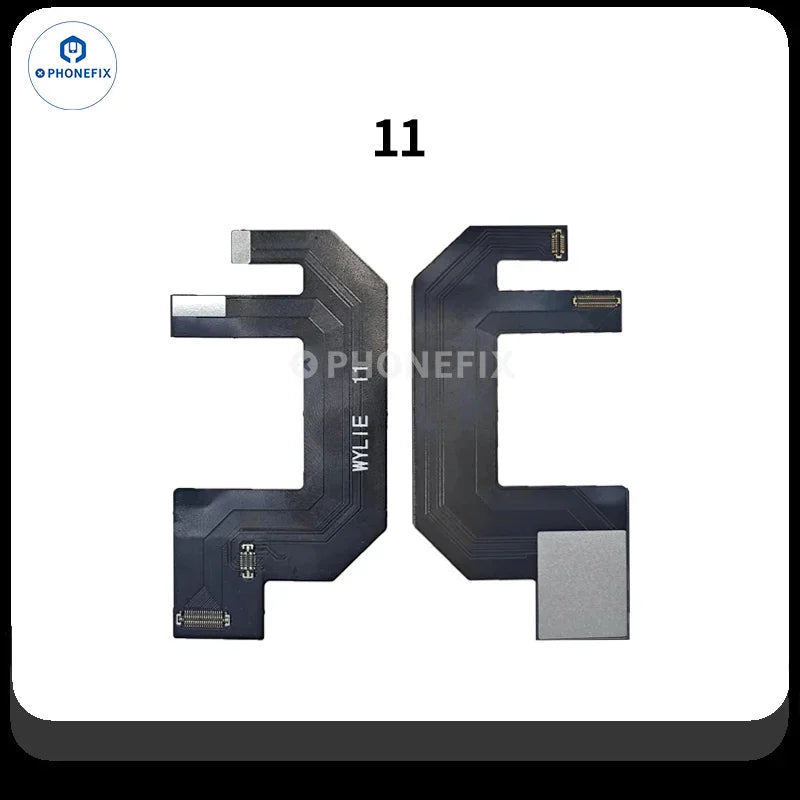 Cable flexible de extensión WYLIE Dot Matrix para la reparación de Face ID del iPhone, que se muestra con conectores y cable flexible para pruebas de alineación.