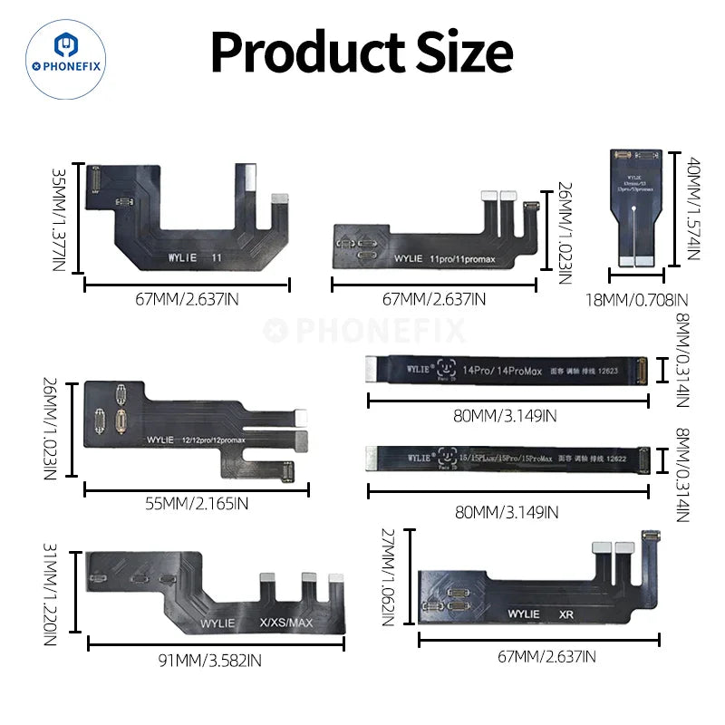 Cable flexible de extensión WYLIE Dot Matrix para la reparación de Face ID del iPhone, diseñado para pruebas de alineación y reparación por PHONEFIX.