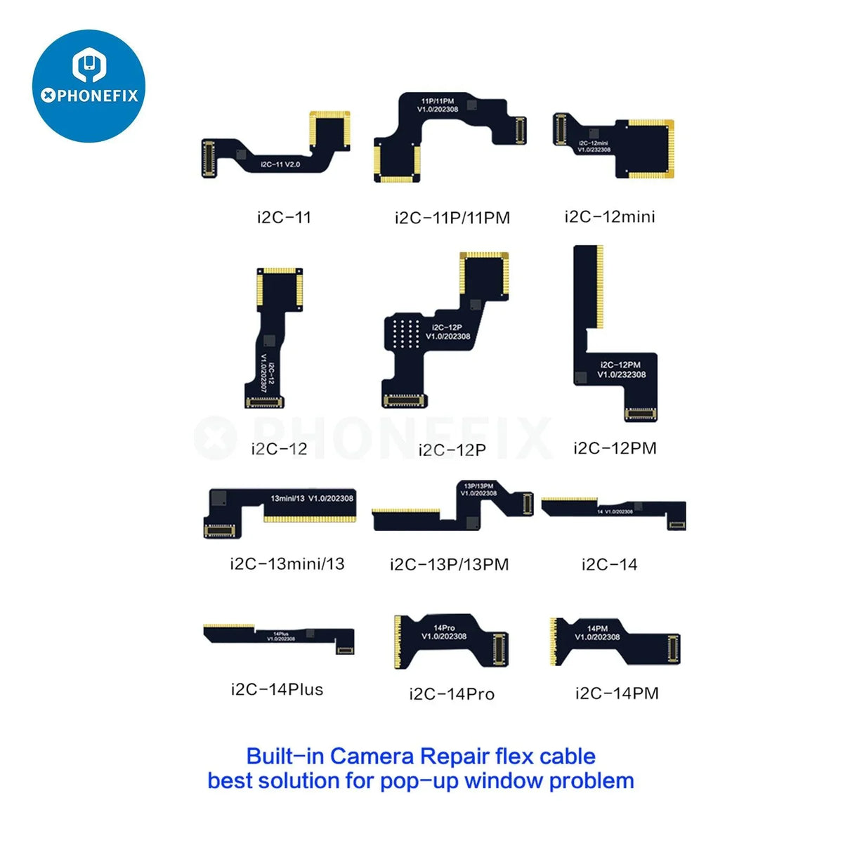 i2C A8S rear camera flex cable for iPhone 11 to 14 Pro Max, used as a Face ID repair tool by PHONEFIX