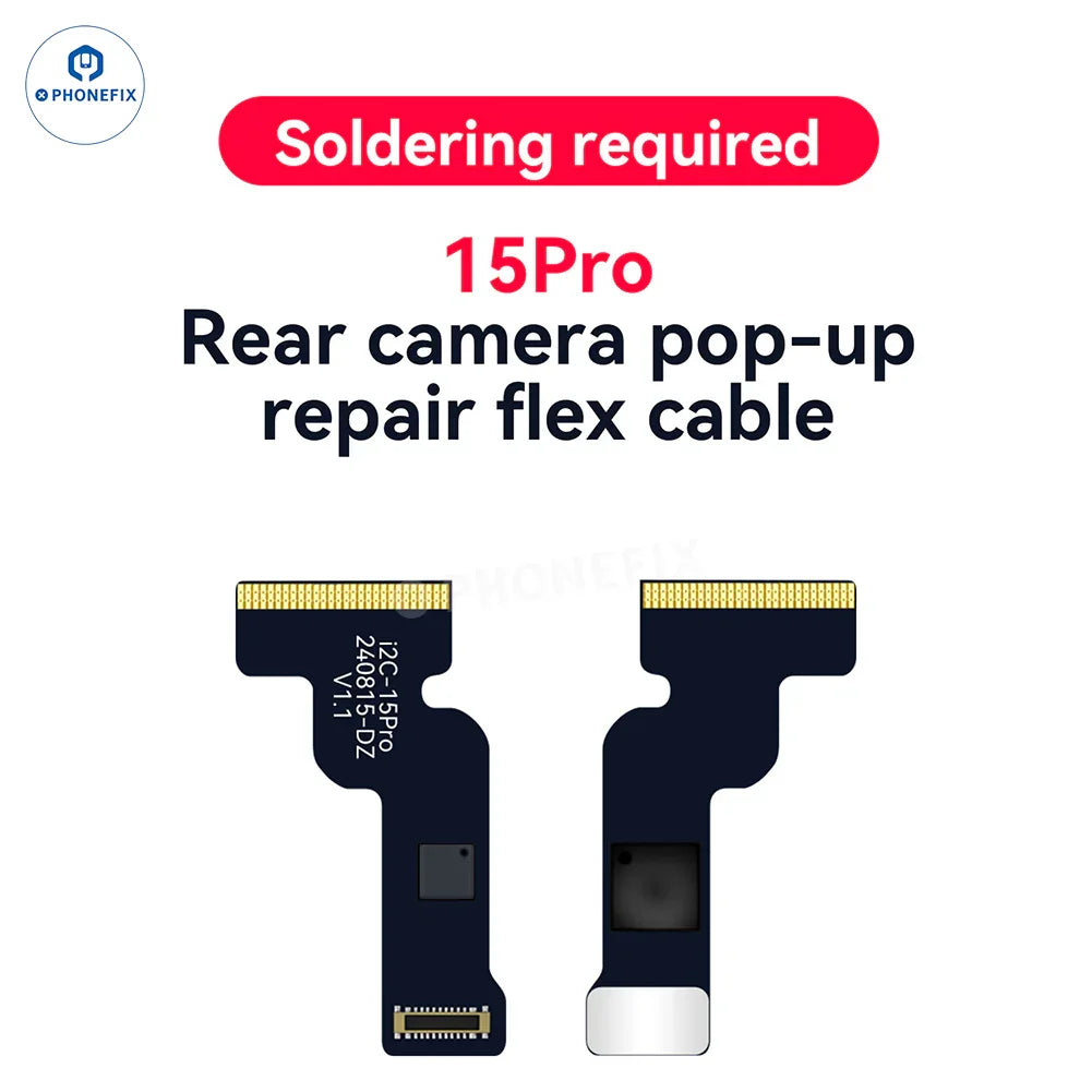 i2C A8S rear camera flex cable for iPhone 15 Pro, used as a Face ID repair tool to fix "Unknown Part" message, by PHONEFIX