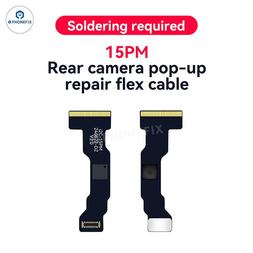 PHONEFIX i2C A8S rear camera flex cable for iPhone, used in Face ID repair to fix "Unknown Part" message.