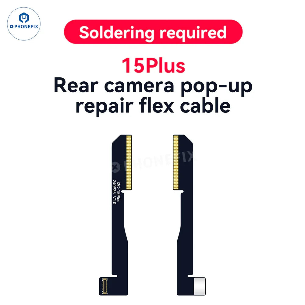 PHONEFIX i2C A8S rear camera flex cable for iPhone 15 Plus, used in Face ID repair to fix "Unknown Part" message.