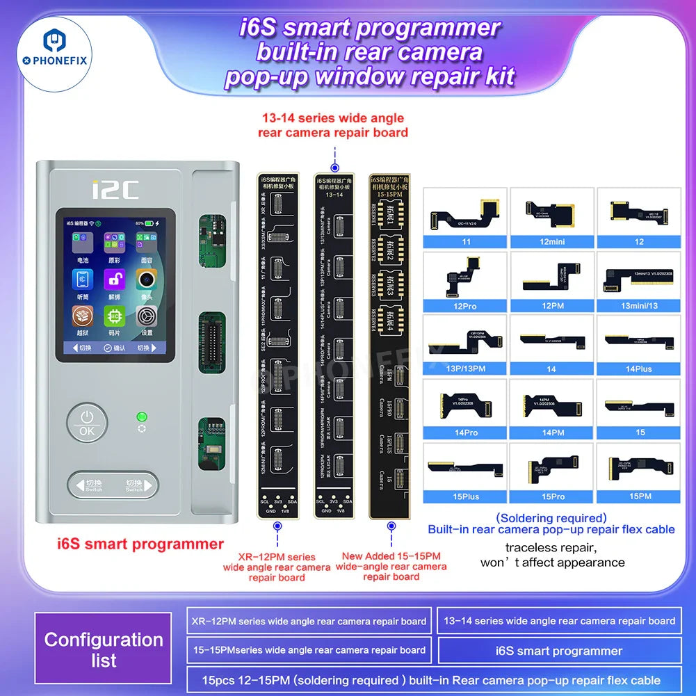 PHONEFIX i2C A8S Rear Camera Flex Cable for Face ID repair, showing the flexible cable used in iPhone 8s camera replacement.