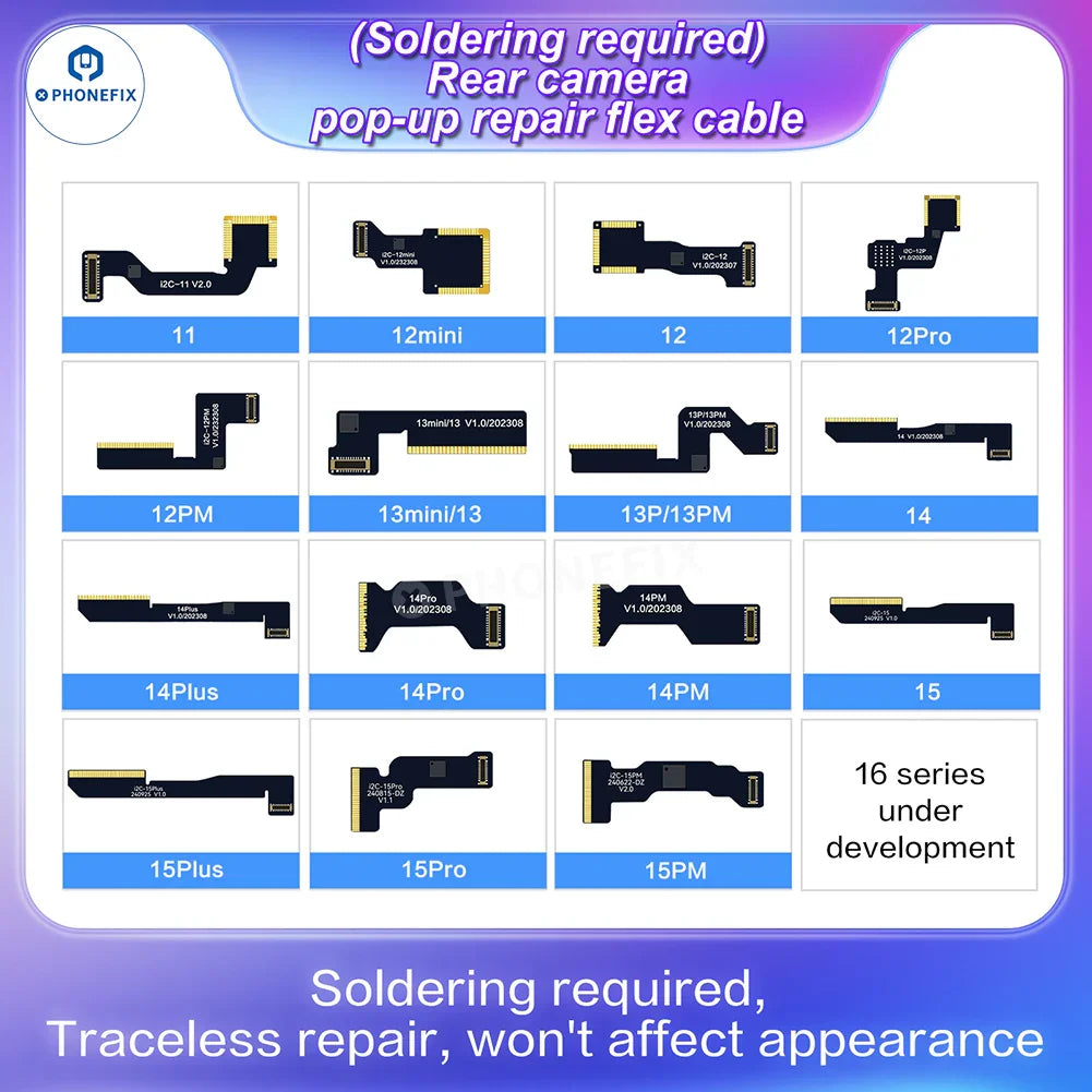 i2C A8S rear camera flex cable for iPhone, used in Face ID repair, with connector and flex cable visible for replacement.