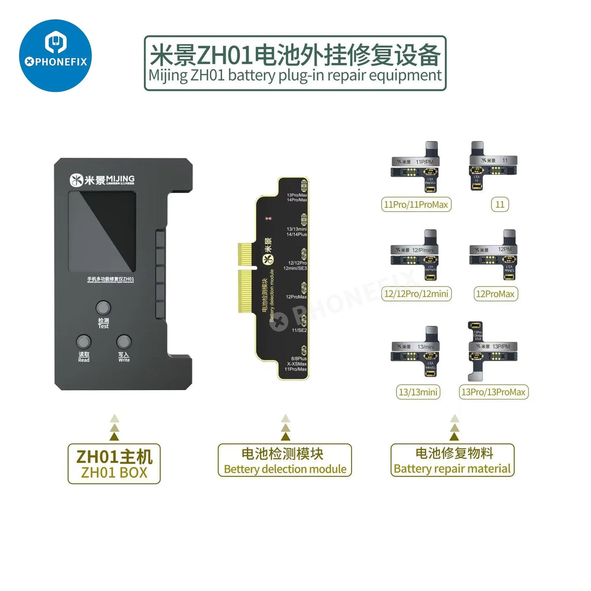 MIJING ZH01 Face ID repair tool by PHONEFIX, solder-free fix instrument for iPhone Face ID repair, shown on a white background.