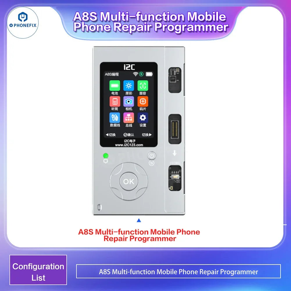 Programmateur de téléphone i2C i6S A8S pour la réparation des écrans True Tone et Face ID de l'iPhone, montrant l'appareil et les connecteurs.