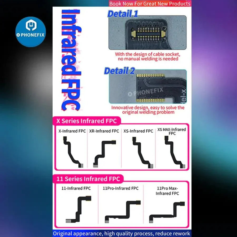 Aixun Infrared FPC Flex Cable for iPhone X to 13 Pro Max Face ID repair, shown with connector details and flexible cable design.