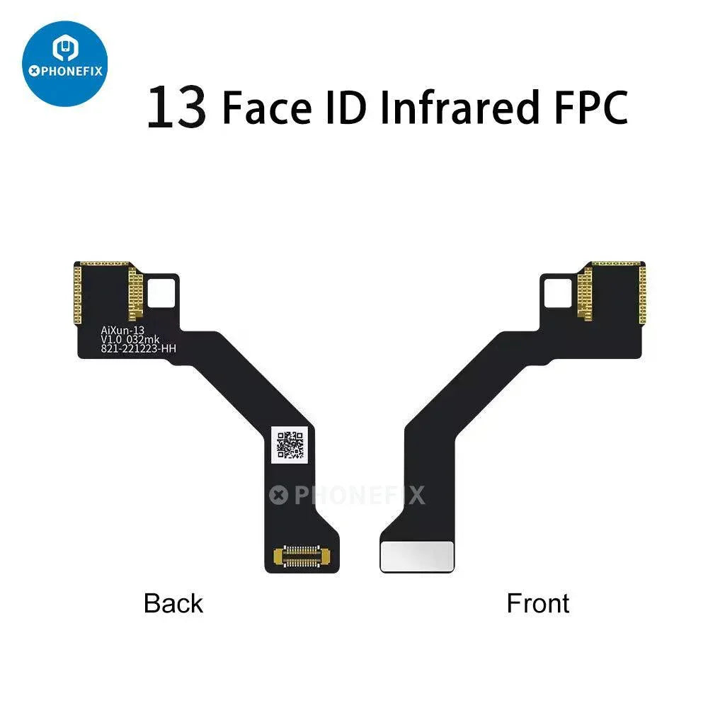 AIXUN infrared FPC flex cable for iPhone X to 13 Pro Max Face ID repair, shown with the PHONEFIX Face ID test tool.