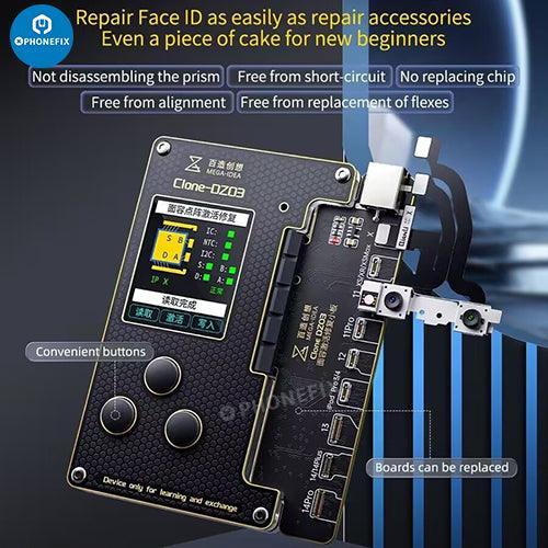 Phonefix Clone DZ03 Dot Matrix Repair Instrument for iPhone X-15 Pro Max Face ID test tool with detailed dot matrix display.