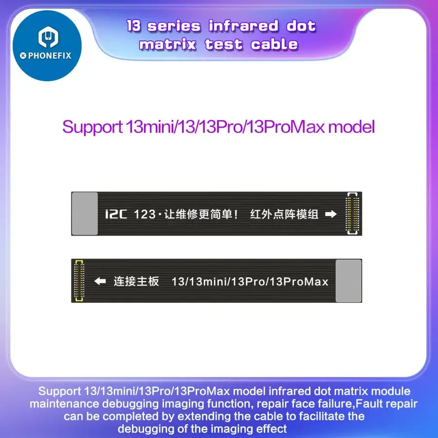 PhoneFix I2C Infrared Dot Matrix Test Cable for iPhone X-13 Pro Max Face ID test tool, showing the cable and connector for iPhone testing.