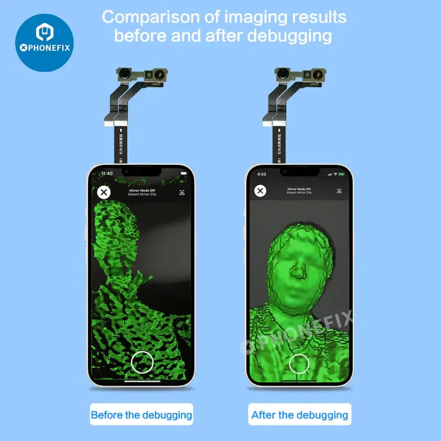 I2C infrared dot matrix test cable for iPhone X to 13 Pro Max Face ID testing, branded PHONEFIX, visible connectors and cable details.