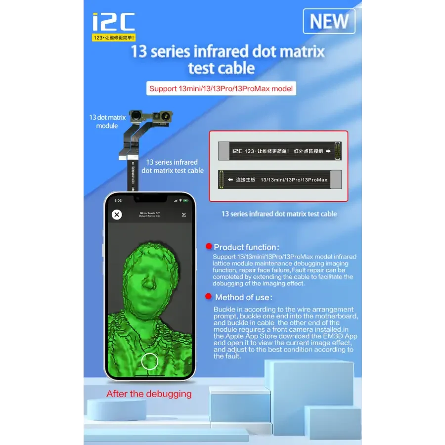 PhoneFix I2C Infrared Dot Matrix Test Cable for iPhone X and 13 Pro Max Face ID test tool, showing the cable and connector.