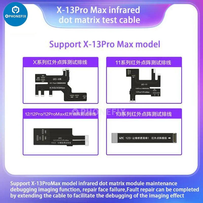 PHONEFIX I2C Infrared Dot Matrix Test Cable for iPhone X-13 Pro Max Face ID testing tool, designed for iPhone repair.