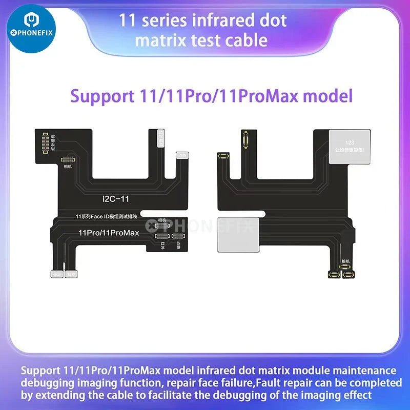 PhoneFix I2C Infrared Dot Matrix Test Cable for iPhone X-13 Pro Max Face ID testing, showing the cable and connector for iPhone models.