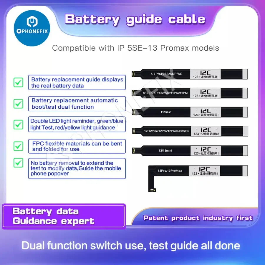 PHONEFIX I2C Battery Test Guide Cable for iPhone 5SE to 13 Pro Max Face ID test tool, with connector and cable details.