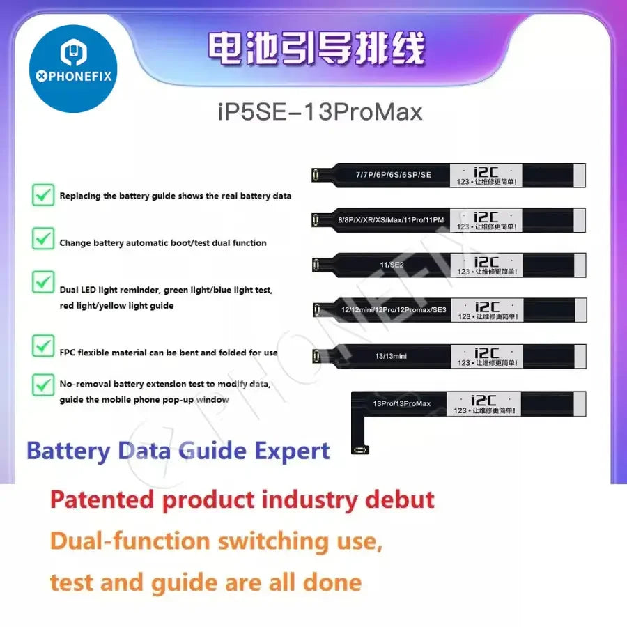 Câble de test de batterie I2C pour iPhone 5SE à 13 Pro Max, utilisé comme outil de test Face ID par PHONEFIX, illustré sur l'image.
