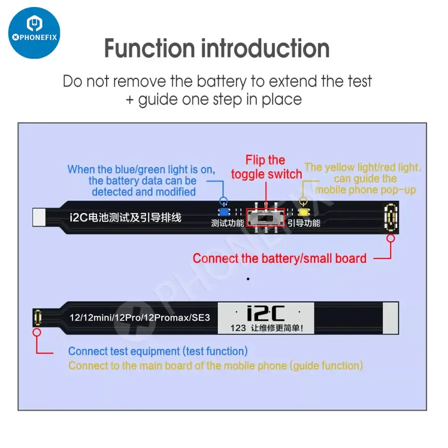 Câble guide de test de batterie PhoneFix I2C pour iPhone 5SE à 13 Pro Max, utilisé comme outil de test Face ID pour la réparation d'iPhone.