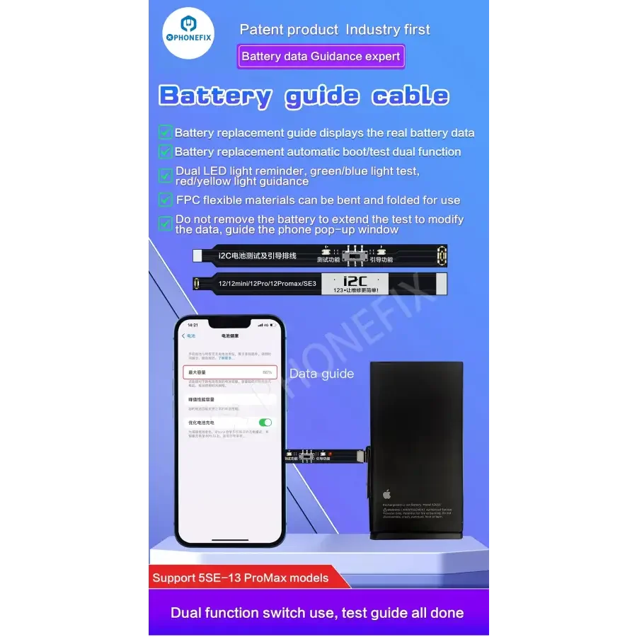 Câble de test de batterie PHONEFIX I2C pour iPhone 5SE à 13 Pro Max, utilisé comme outil de test Face ID pour les modèles d'iPhone.