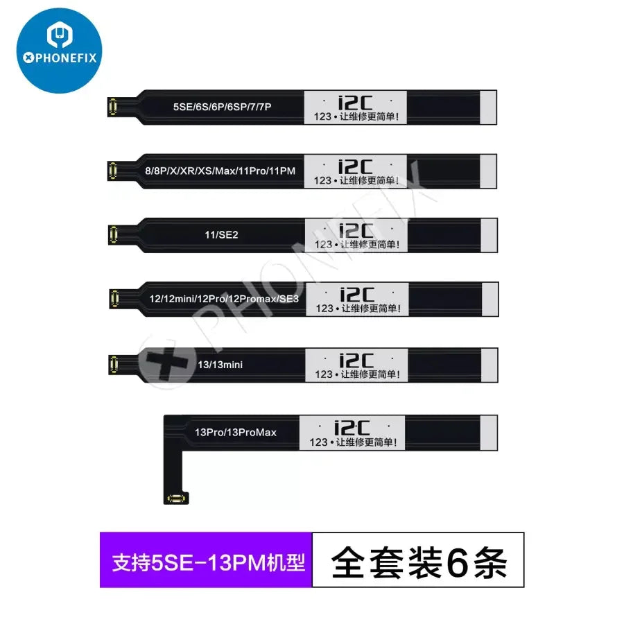 Câble de test de batterie I2C pour iPhone 5SE à 13 Pro Max, utilisé comme outil de test Face ID par PHONEFIX, présenté sur fond blanc.