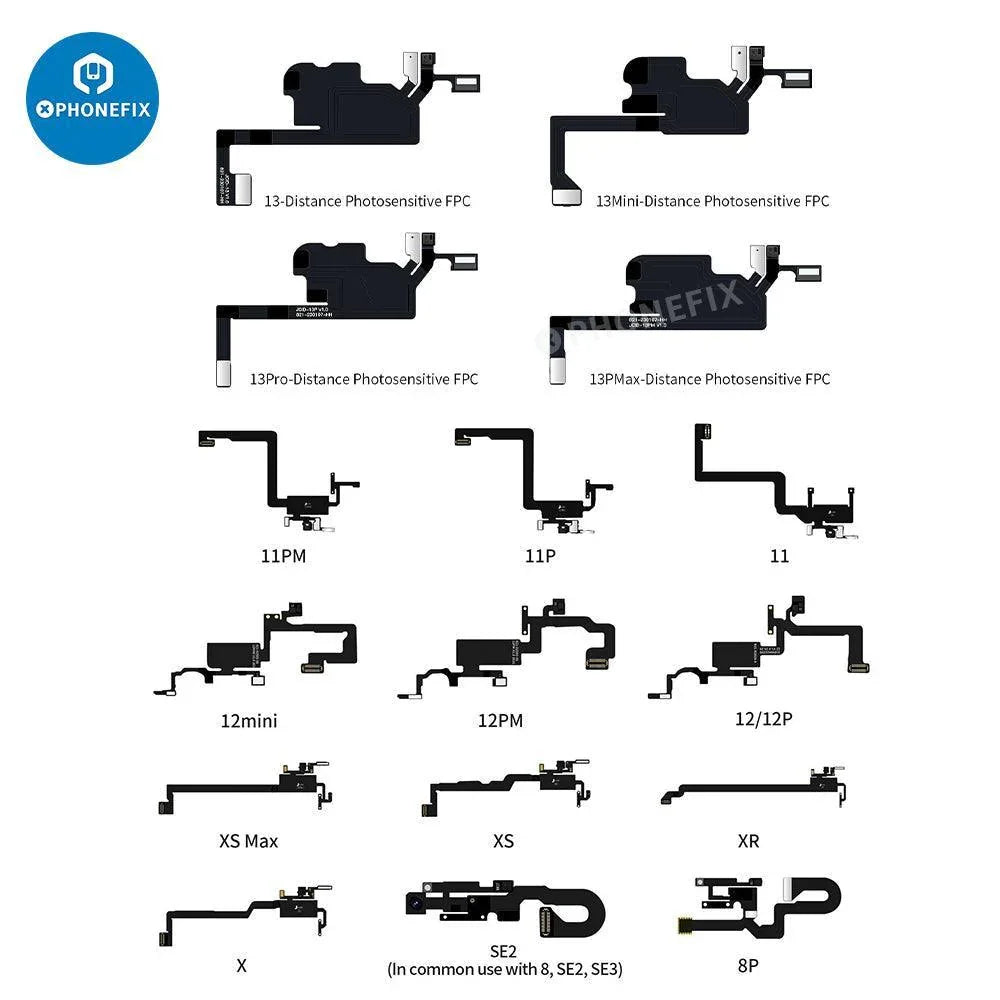 PHONEFIX JC Receiver FPC Flex repair tool for iPhone X to Pro Max Face ID and True Tone screens, used for testing and repair.