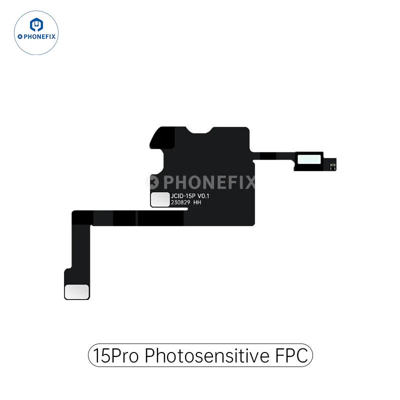 PHONEFIX JC Receiver FPC Flex Repair tool for iPhone X to Pro Max Face ID testing, showing flexible circuit and connector in close-up.