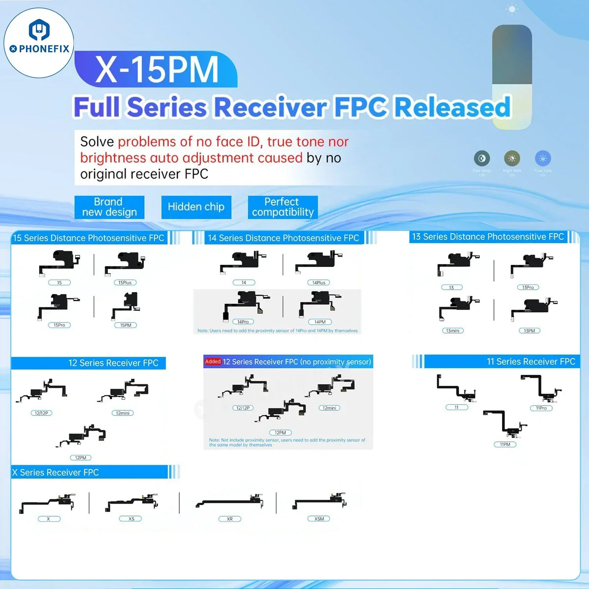 PHONEFIX JC Receiver FPC Flex Repair tool for iPhone X to Pro Max Face ID True Tone, used for testing Face ID components