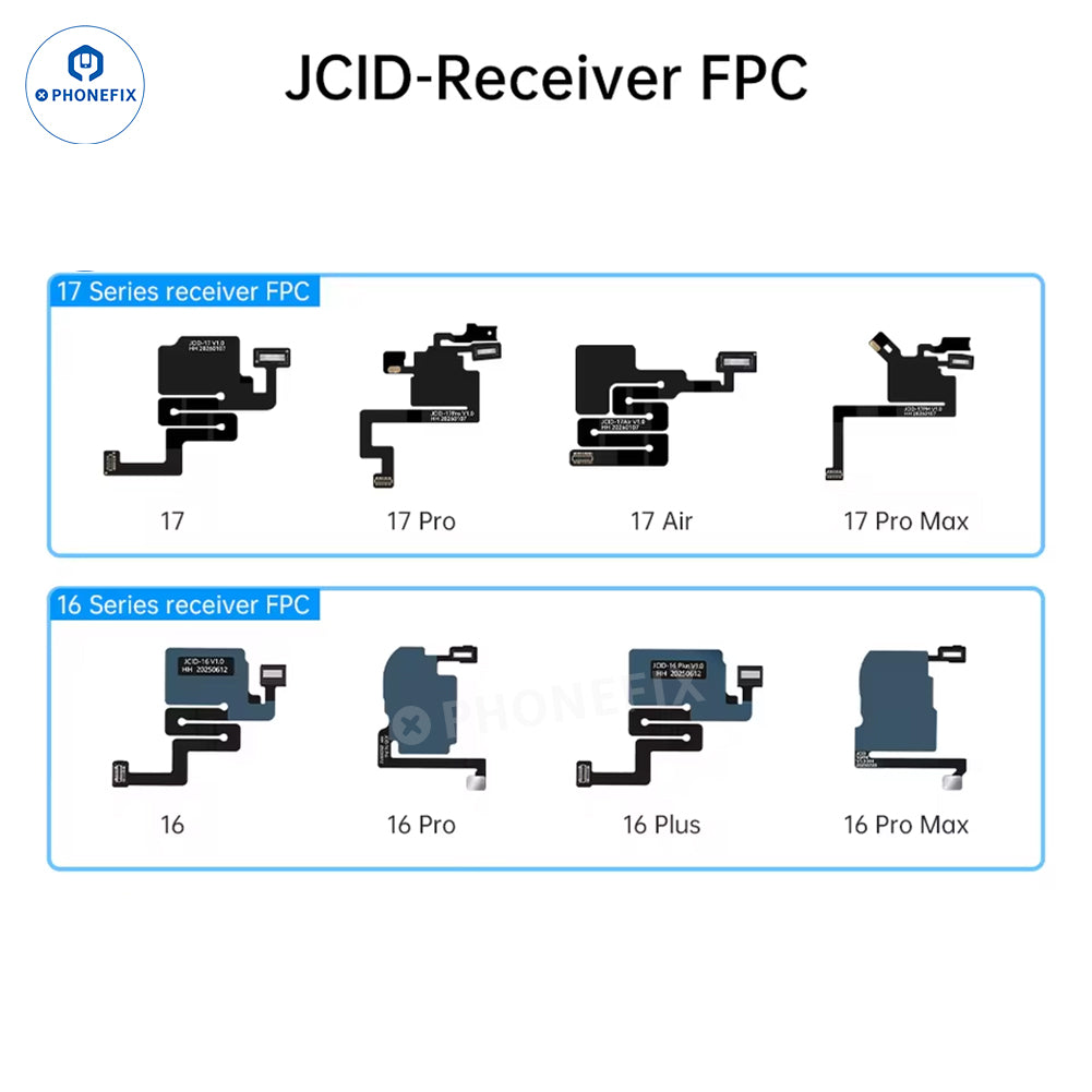 PHONEFIX JC Receiver FPC Flex Repair tool for iPhone X to Pro Max Face ID, True Tone, with light sensor board for testing and repair.