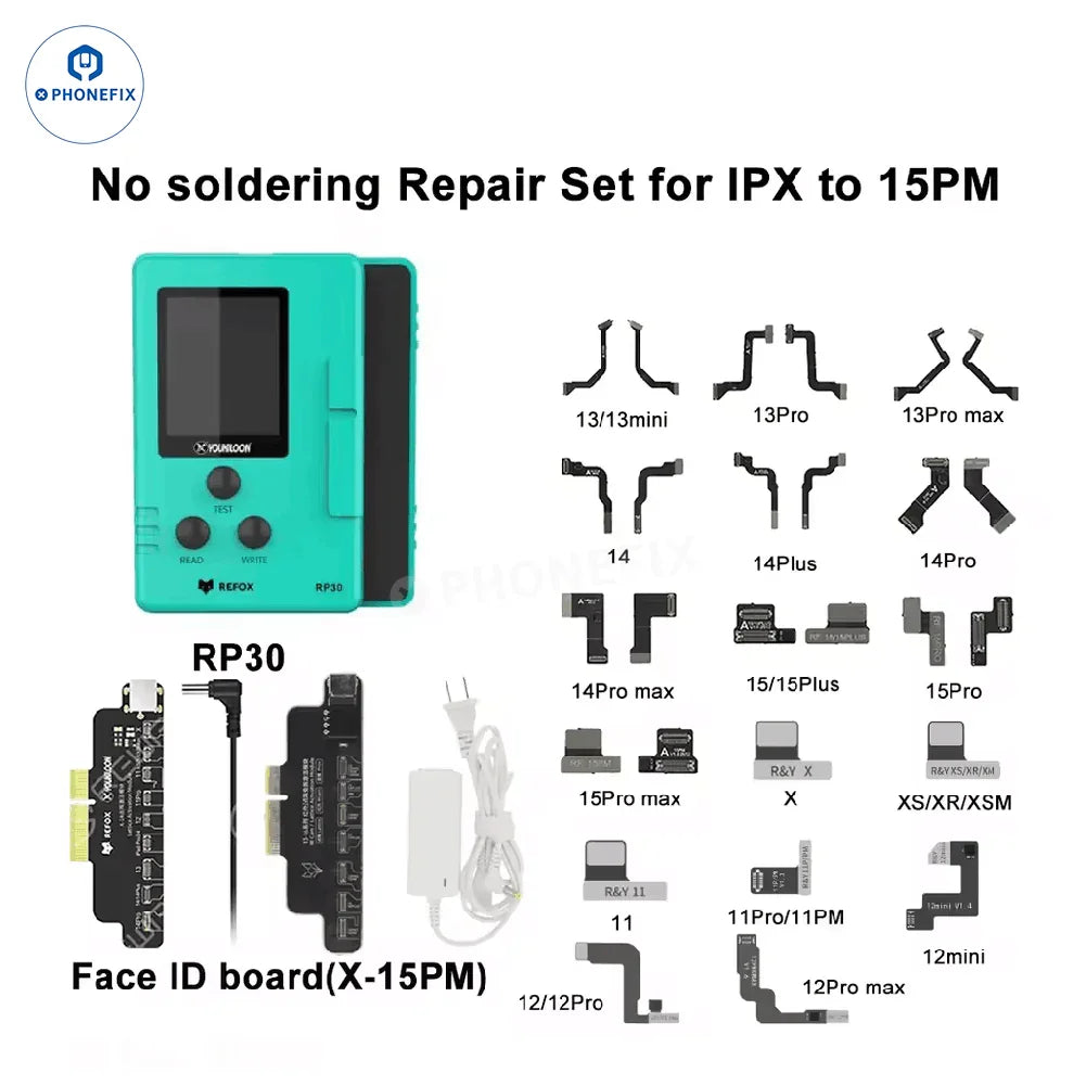 REFOX RP30 Face ID test cable for iPhone X to 15 Pro Max, used for repairing and testing Face ID components on iPhone devices.