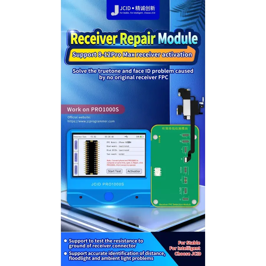JC Pro1000S receiver FPC detection module for iPhone 8-12 Pro Max used in Face ID testing, by PHONEFIX.