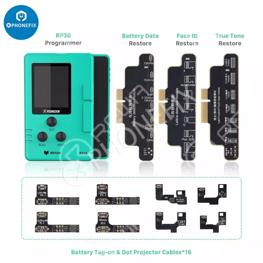 REFOX RP30 multi-function restore programmer for iPhone X-15 Pro Max, Face ID test tool by PHONEFIX, used for device diagnostics.
