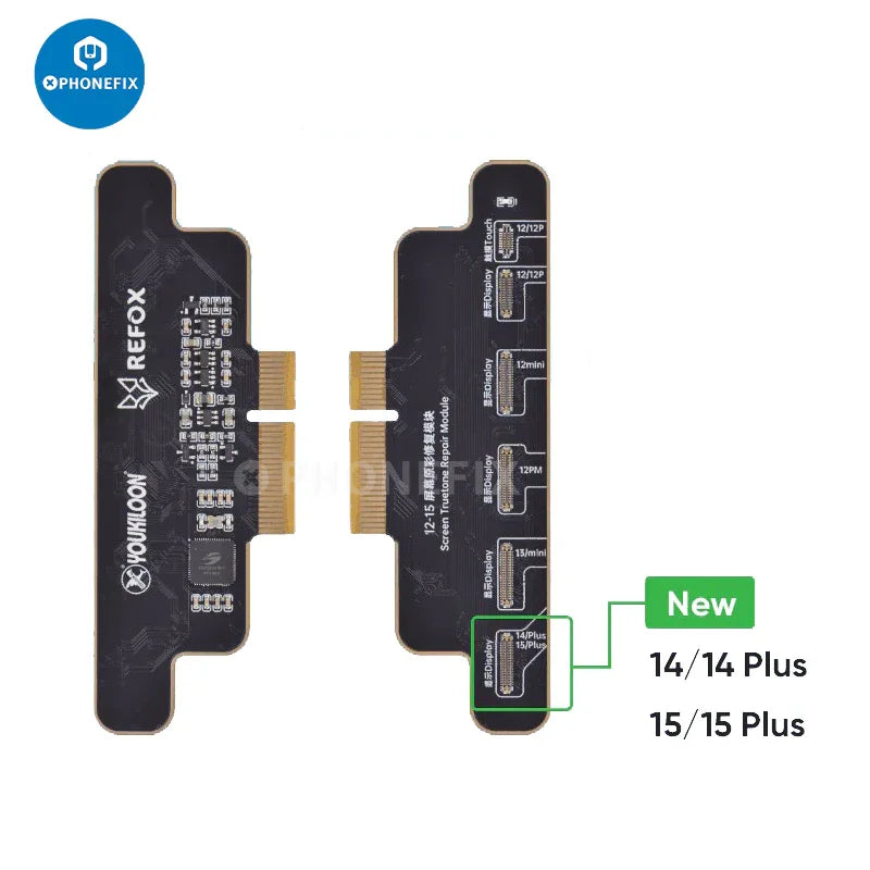 REFOX RP30 multi-function restore programmer for iPhone X-15 Pro Max, Face ID test tool by PHONEFIX, showing device testing interface.