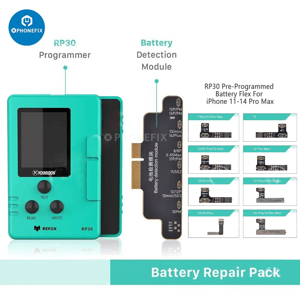 REFOX RP30 multi-function restore programmer for iPhone X-15 Pro Max, featuring Face ID test tool by PHONEFIX.