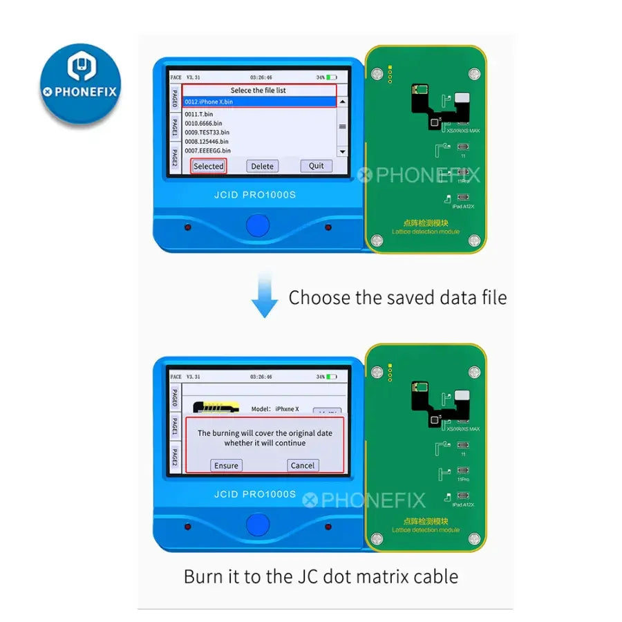 JC Dot Matrix Cable for iPhone X Face ID repair flex cable, PHONEFIX brand, used as face ID test tool in repair process