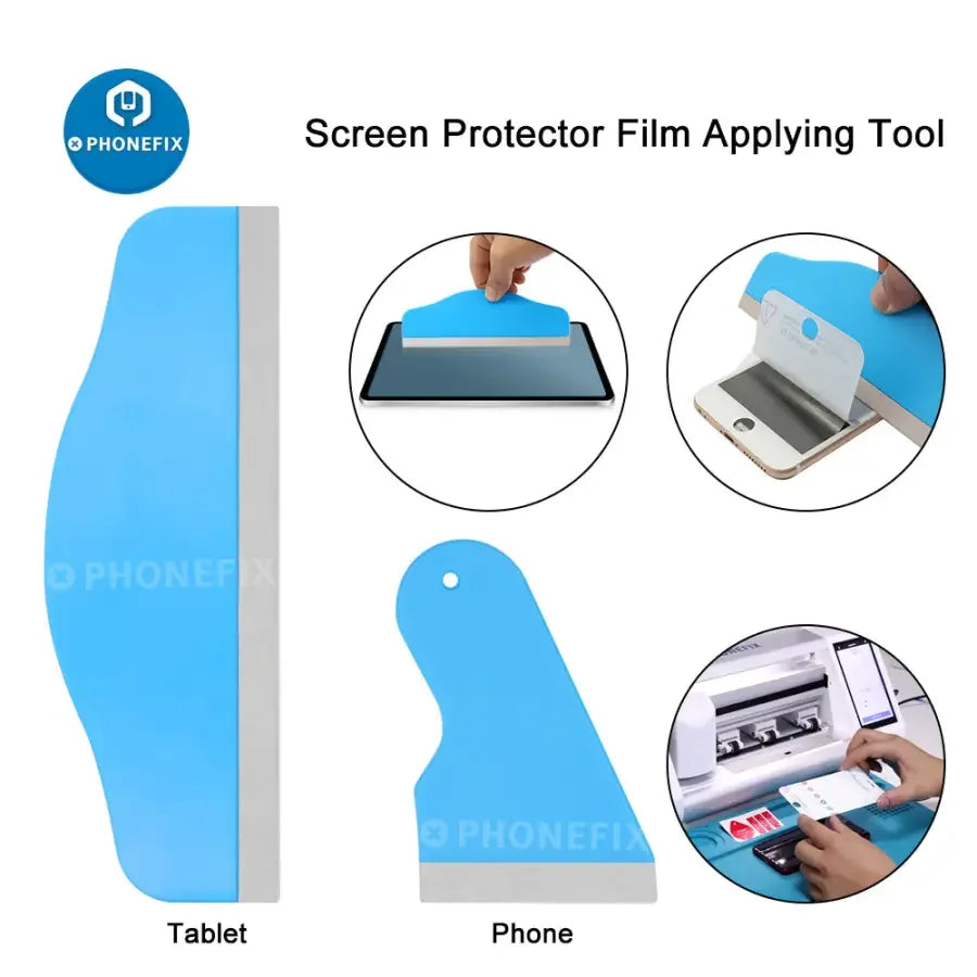 PhoneFix screen protector film scraper tool for phones, iPads, and tablets, used for applying and smoothing protective film.