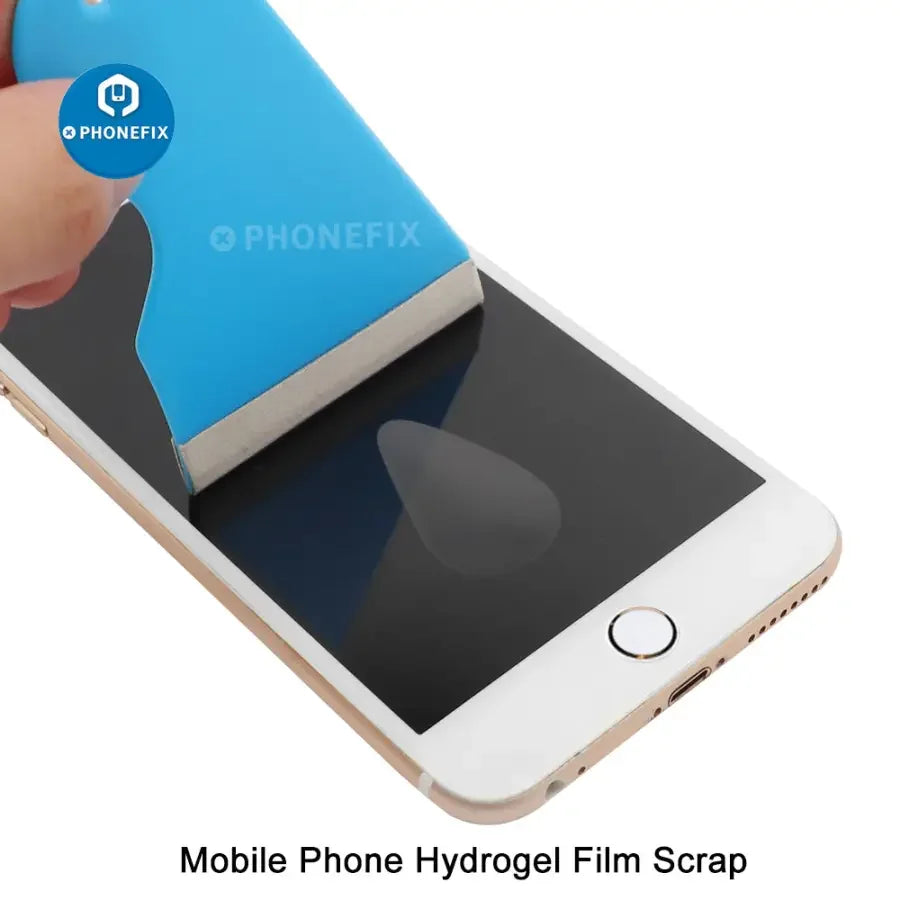 PhoneFix film cutting machine and scraper tool for iPad and phone screen protectors, designed for precise application on tablets and smartphones.