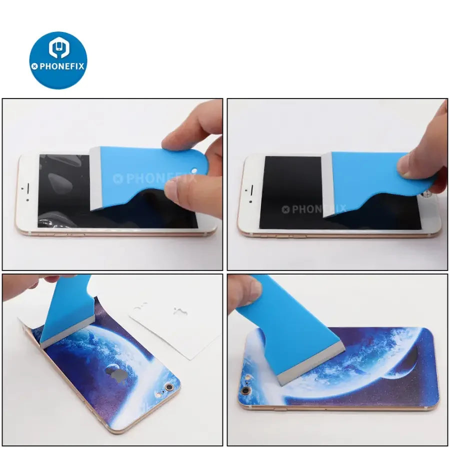 PhoneFix film cutting machine with scraper tool for precise iPad and phone screen protector film application.