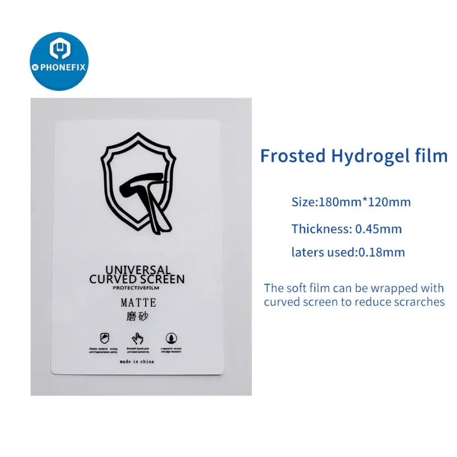 Hydrogel film phone and tablet screen protector designed for universal cutting machines by PHONEFIX, shows a clear protective film.
