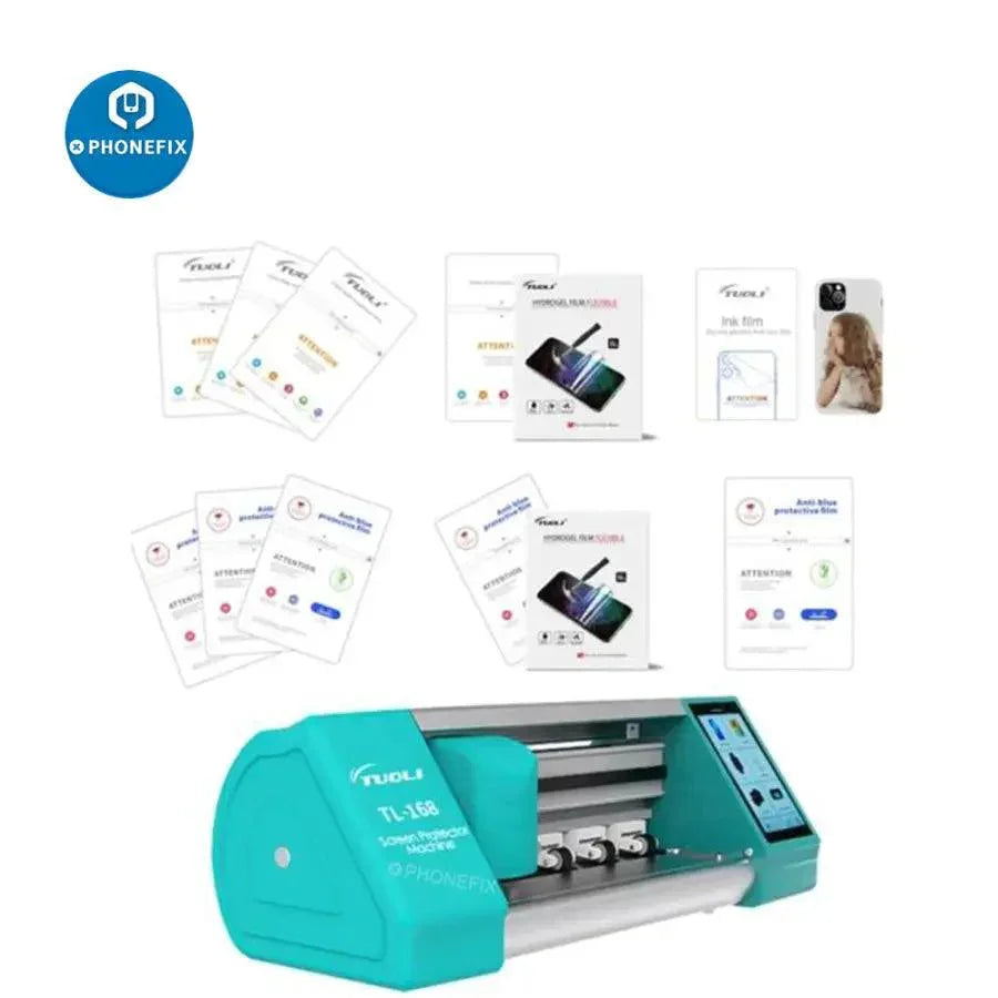 HD hydraulic film phone screen protector film for Tuoli TL-168, shown on a cutting machine by PHONEFIX, designed for precise application.