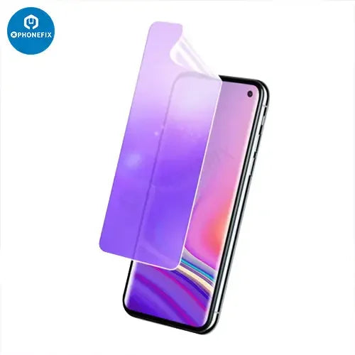 PhoneFix, film hydrogel anti-lumière bleue pour machine de découpe de protection d'écran, illustrant la préparation du film pour application sur un appareil.