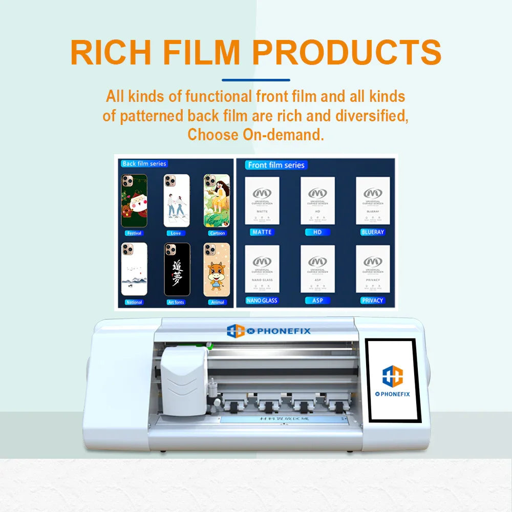 PHONEFIX FX-866 smart film cutting machine for phone and tablet screen protectors, showing the device with cutting blades and screen templates.