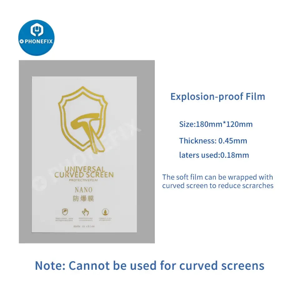 Nano explosion-proof screen protector for phones, universal film by PHONEFIX, shown on a smartphone with protective film.